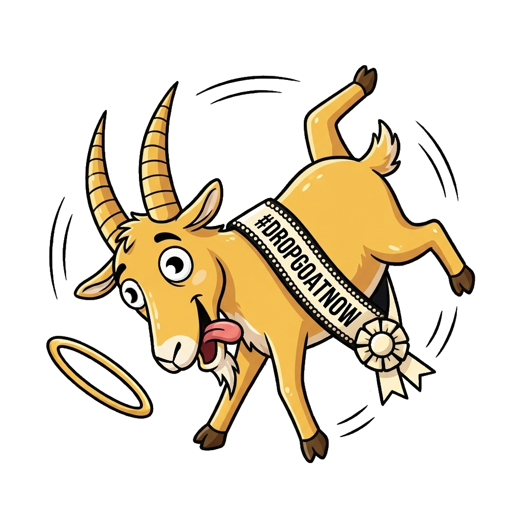 The official Drop-a-Meme contest goat — falling, spinning, #DROPGOATNOW sash, contest rosette